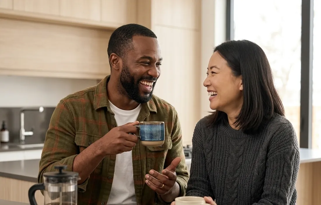 Two people laughing over coffee in a kitchen, illustrating Canadians following orforglipron news